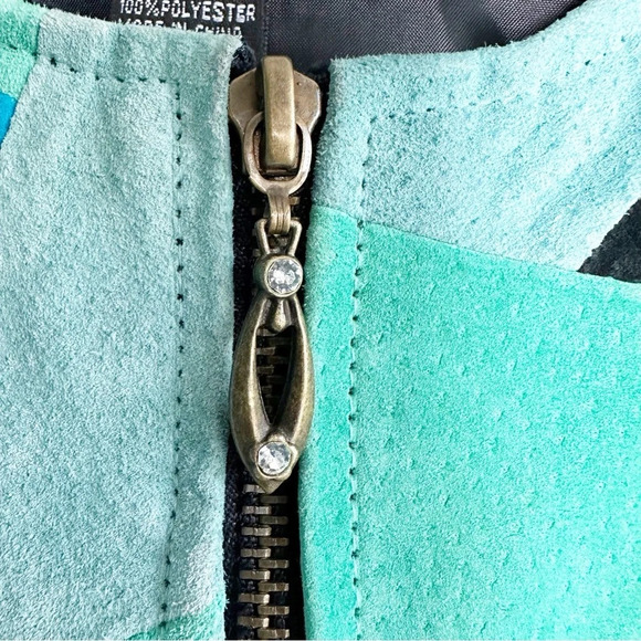 Vintage Y2K Karen Arnold Suede Jacket Blue Green Patchwork Size Medium Zip Front - Picture 2 of 8